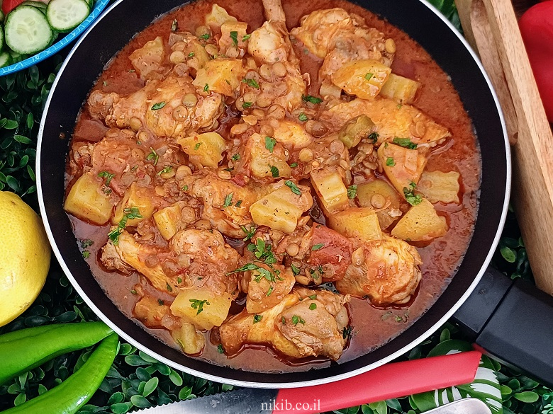 תבשיל עוף ועדשים מזרחי: מתכון סיר אחד מנחם לשבת